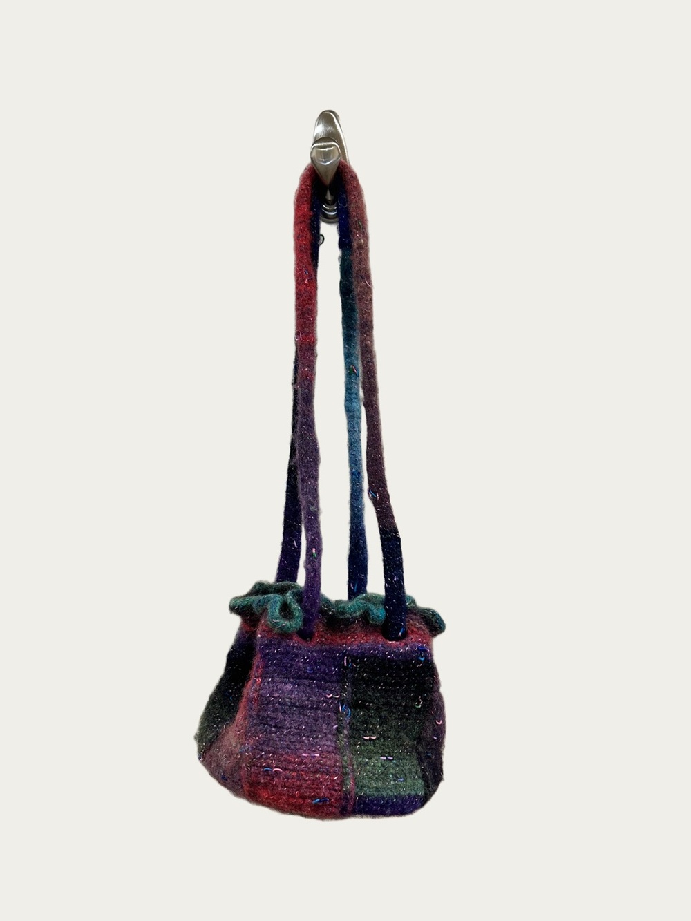 Multicolor Felted Wool Handwoven Bucket Bag with Ruffle Trim
